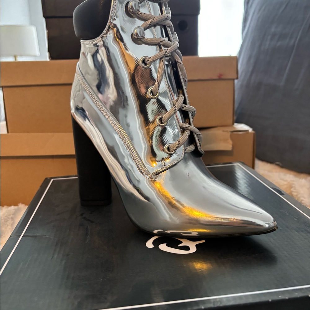 Qupid Silver and Black Heeled Boots with Sleek Design